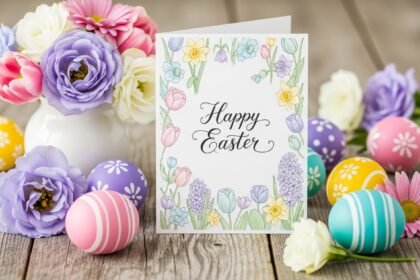 Beautiful Easter card messages with spring flowers and decorated eggs