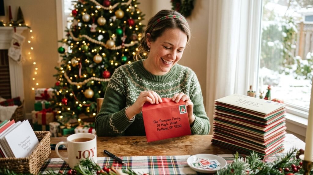 Smiling person sealing Christmas card envelope with stack of addressed holiday cards