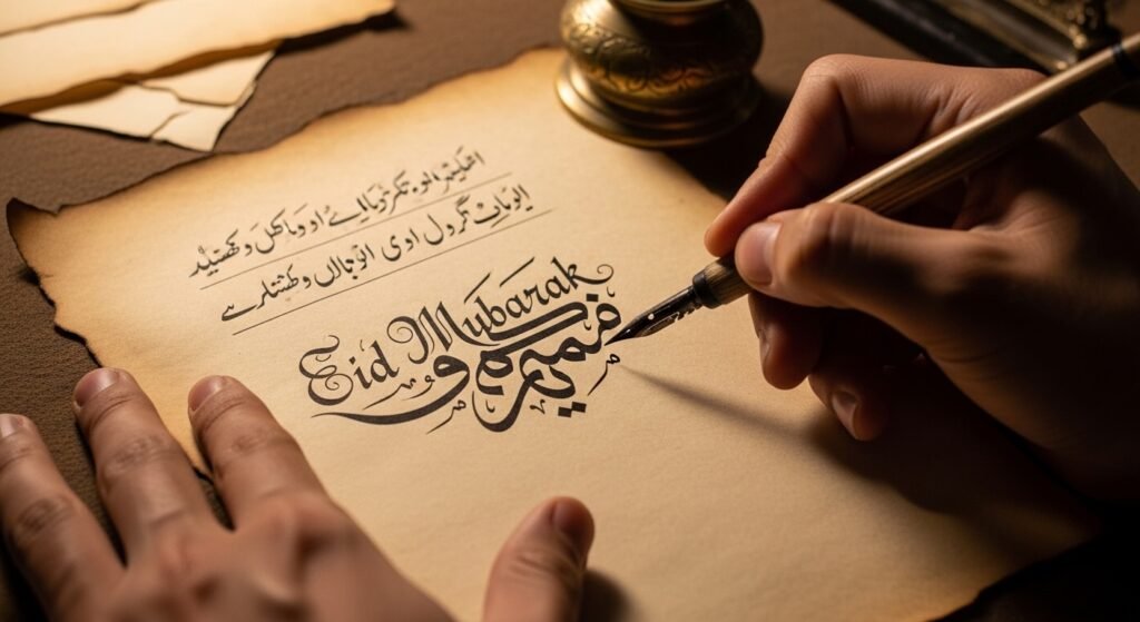 Writing Eid wishes in Urdu Arabic script - Beautiful calligraphy and traditional Islamic greetings