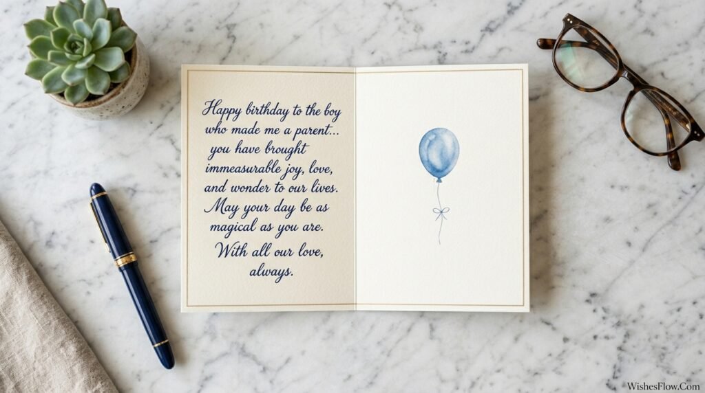 Beautiful handwritten birthday card with heartfelt message for son on marble background