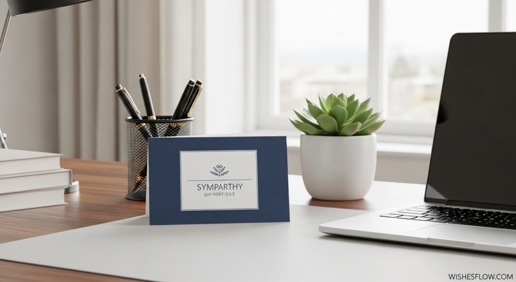 Elegant sympathy card on office desk for professional condolences