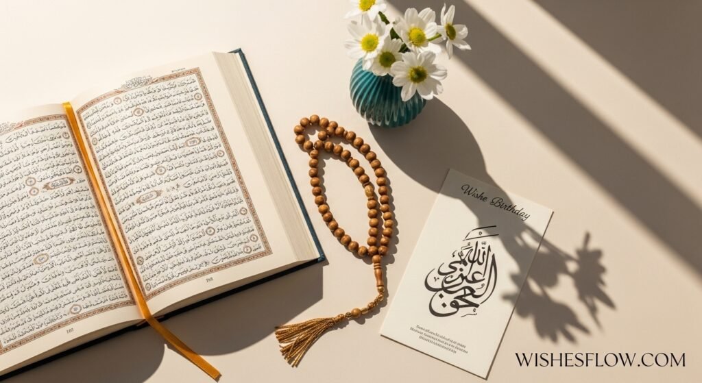 Open Quran with prayer beads and birthday card showing Islamic birthday blessings