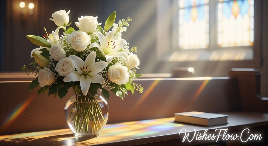 White funeral flowers arrangement near church stained glass window with Bible on wooden pew