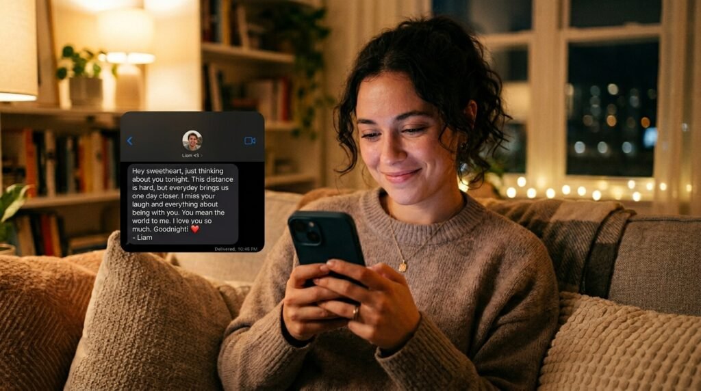 Person holding smartphone displaying heartfelt text message in long distance relationship
