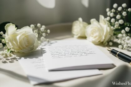 Elegant white sympathy card with roses and handwritten condolence message