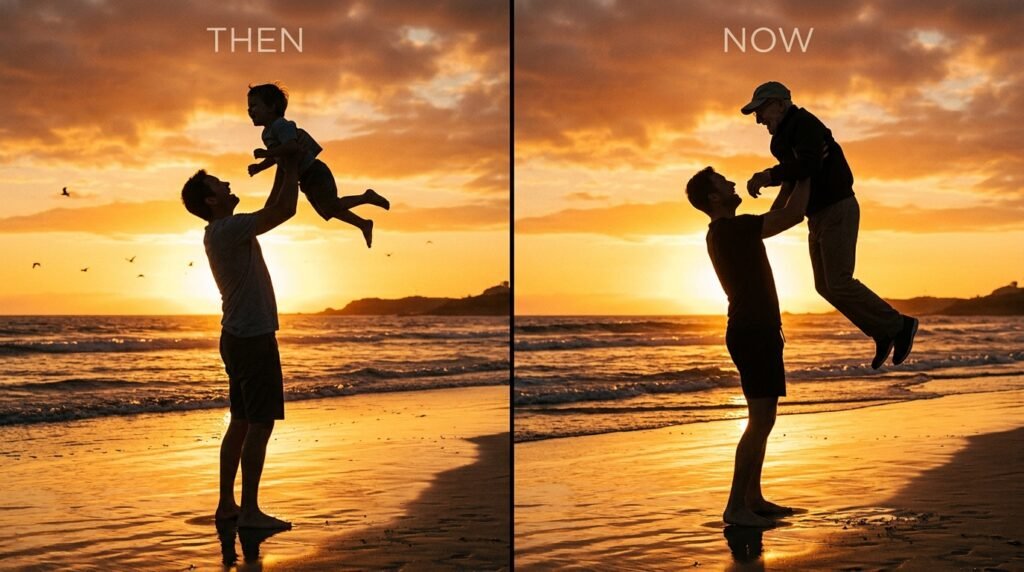 Life comes full circle - touching comparison showing father lifting child years ago and adult child supporting elderly father today, symbolizing enduring father-child bond