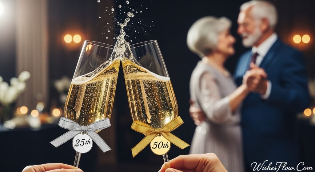 Champagne glasses with silver and gold ribbons for milestone anniversaries