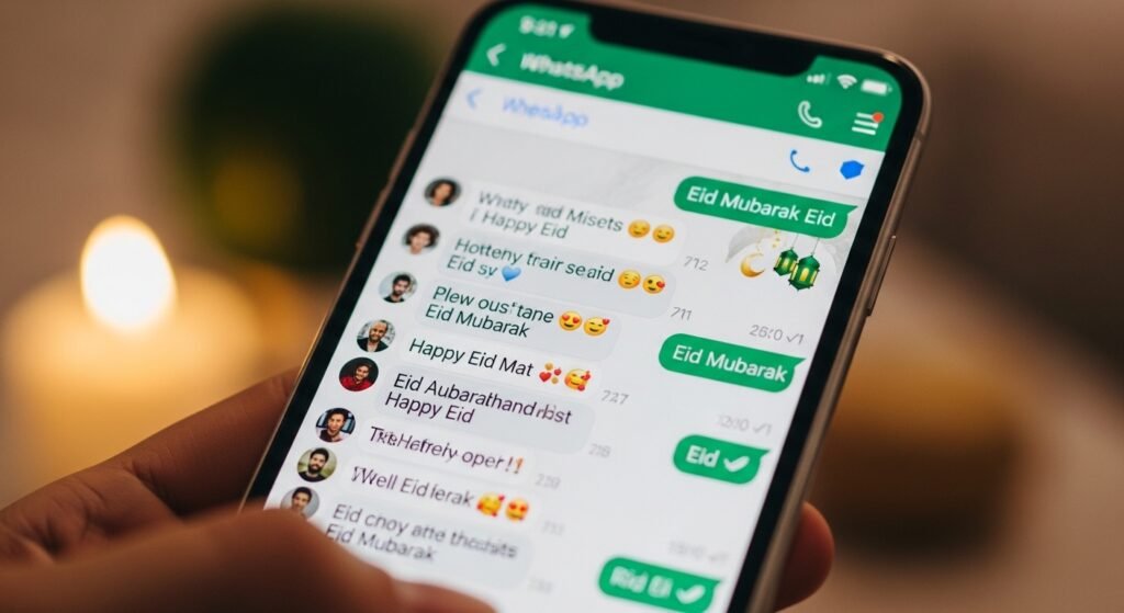 Mobile phone displaying brief Eid Mubarak messages for WhatsApp and text messaging
