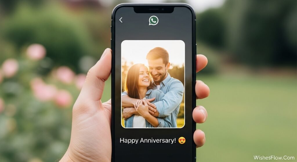 A smartphone screen showing a 'Happy Anniversary' WhatsApp status