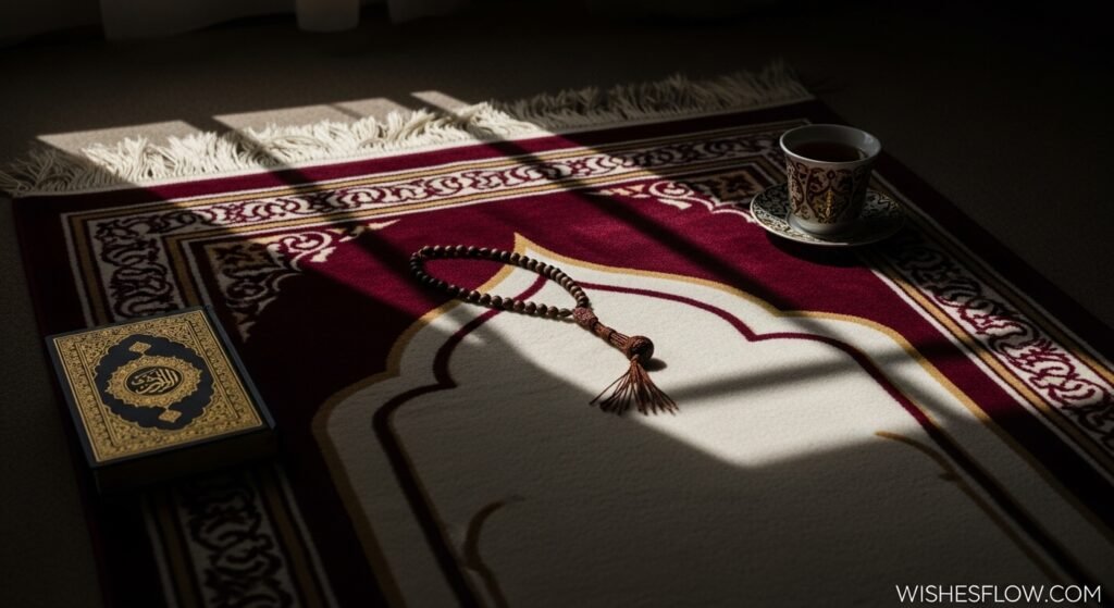 Prayer rug with Quran and prayer beads creating peaceful spiritual reflection atmosphere