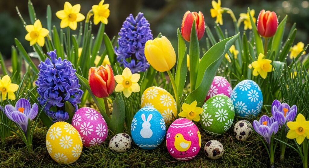 Spring Easter celebration with decorated eggs and fresh flowers