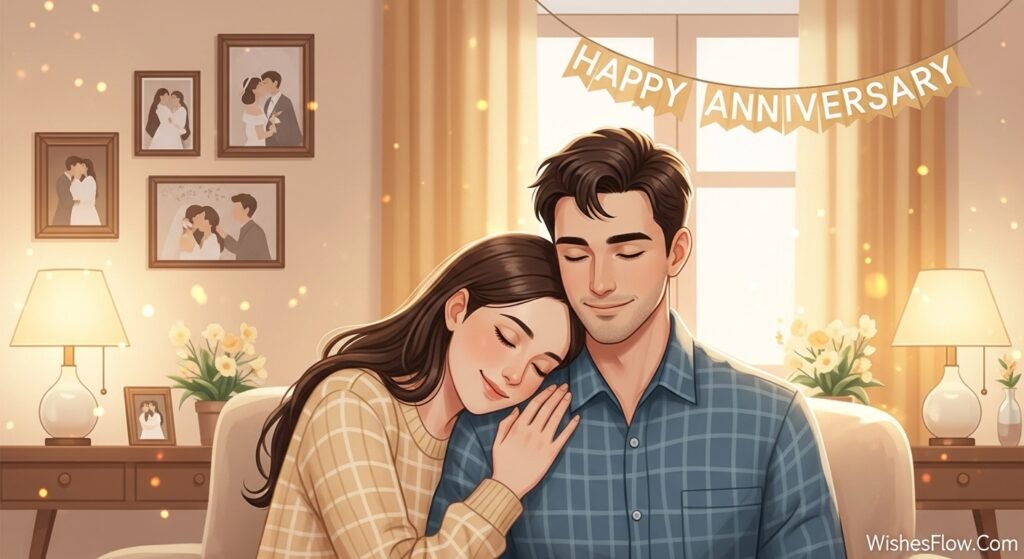Loving couple embracing during anniversary celebration at home