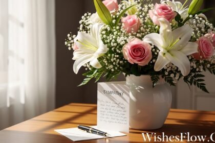 White lilies and pink roses funeral flower arrangement with handwritten sympathy card and fountain pen on wooden table