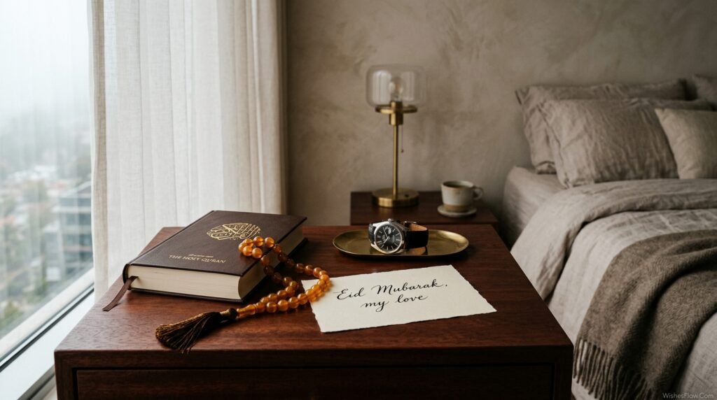 A spiritual setup of a husband's belongings on Eid morning with a handwritten note