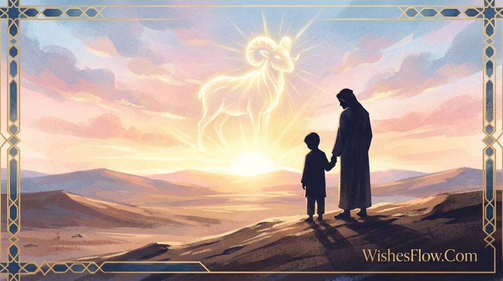 Symbolic father and son silhouette at sunrise Eid ul-Adha meaning