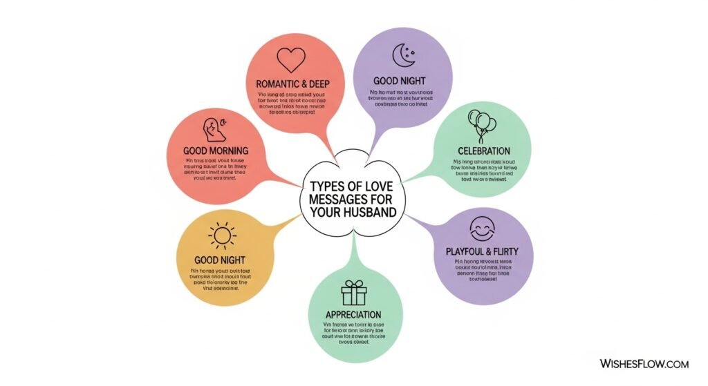 Infographic diagram showing different types of love messages for husband categorized by occasion and tone