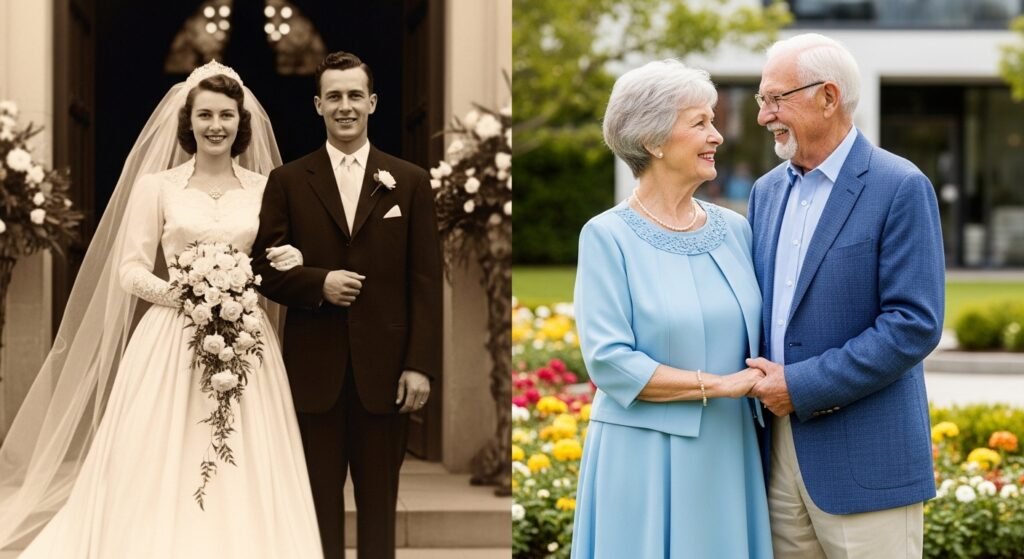 Then and now photos showing 60 years of marriage from wedding day to diamond anniversary