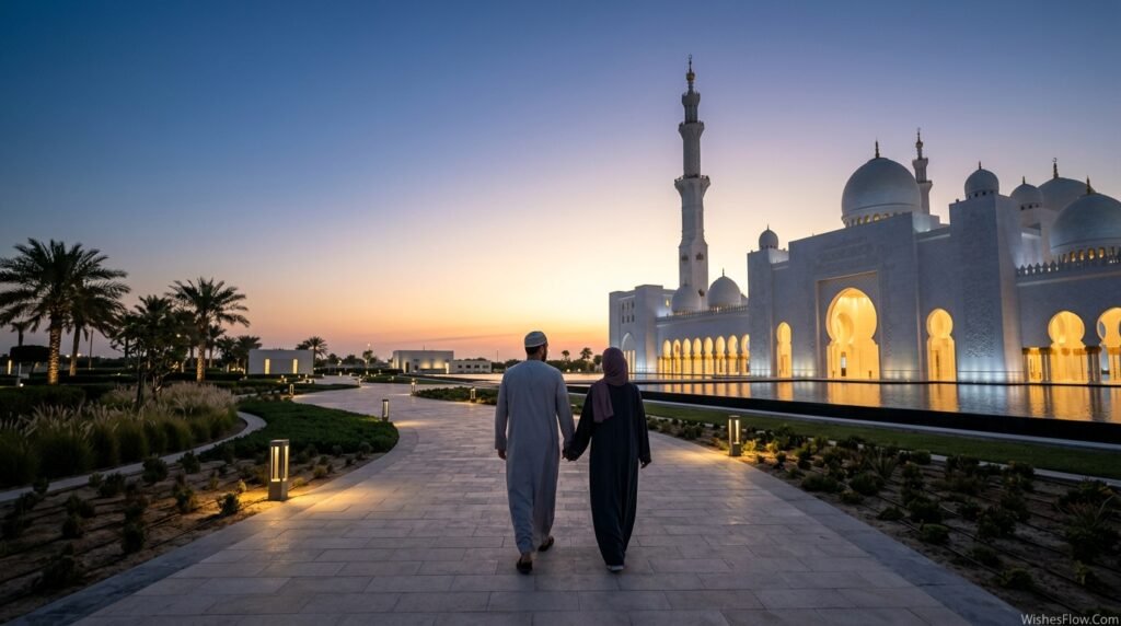 A Muslim couple walking toward a mosque on Eid morning symbolizing their shared spiritual journey