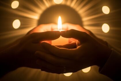 Spiritual birthday wishes and blessings with prayer hands and candlelight