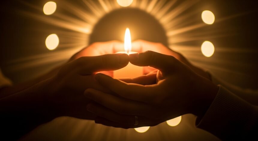 Spiritual birthday wishes and blessings with prayer hands and candlelight