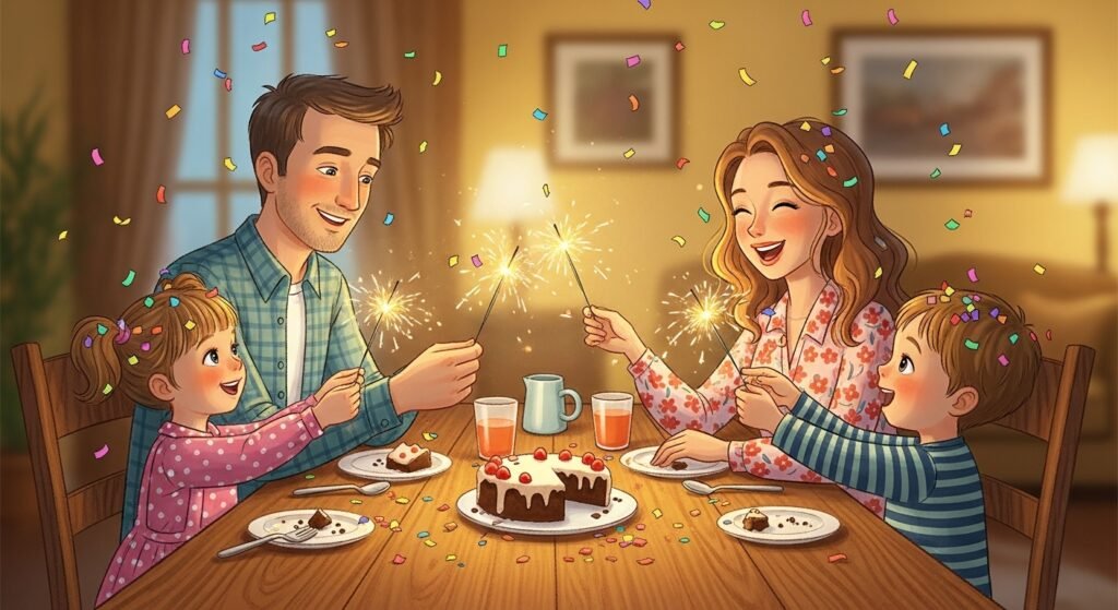 Family sharing warm new year greetings and heartfelt messages during a midnight celebration