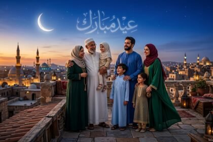 Emotional multi-generational Muslim family under crescent moon Eid ul-Adha
