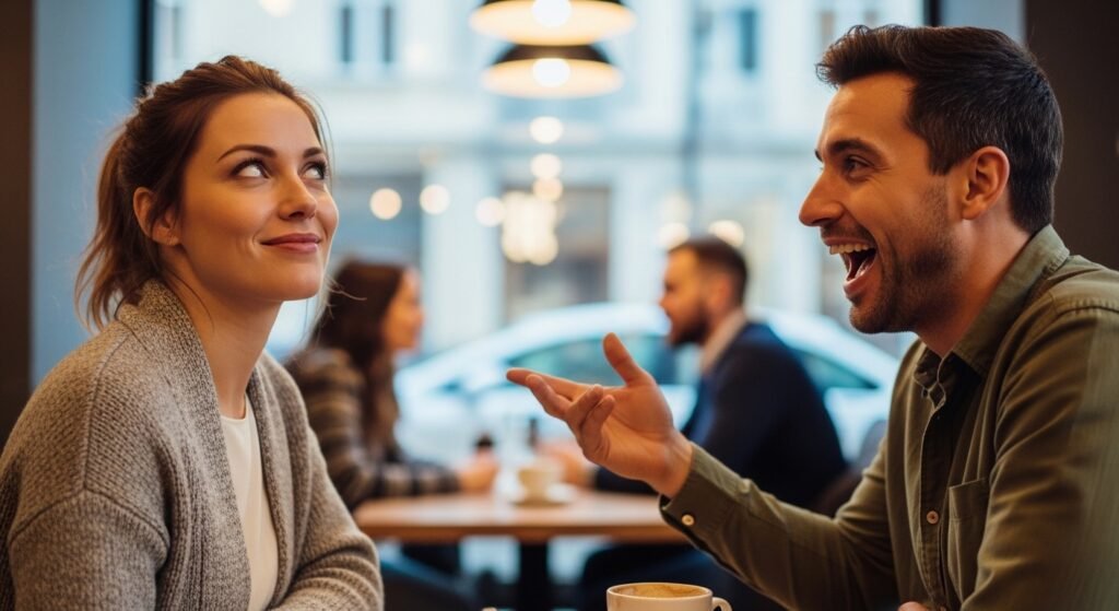 Woman rolling eyes at husband in funny anniversary moment showing marriage humor