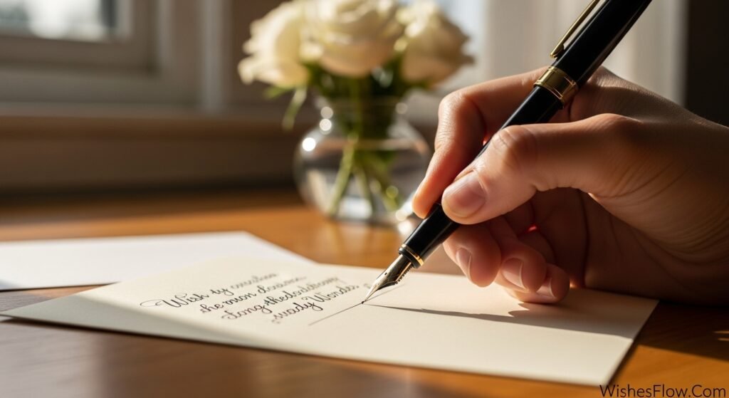 Hand writing heartfelt condolence message on sympathy card