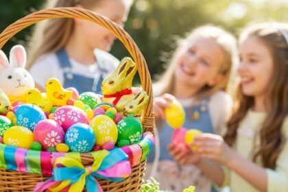 Easter wishes for kids with colorful baskets and spring celebration