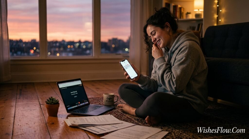Tired woman smiling at encouraging LDR good night message after long work day