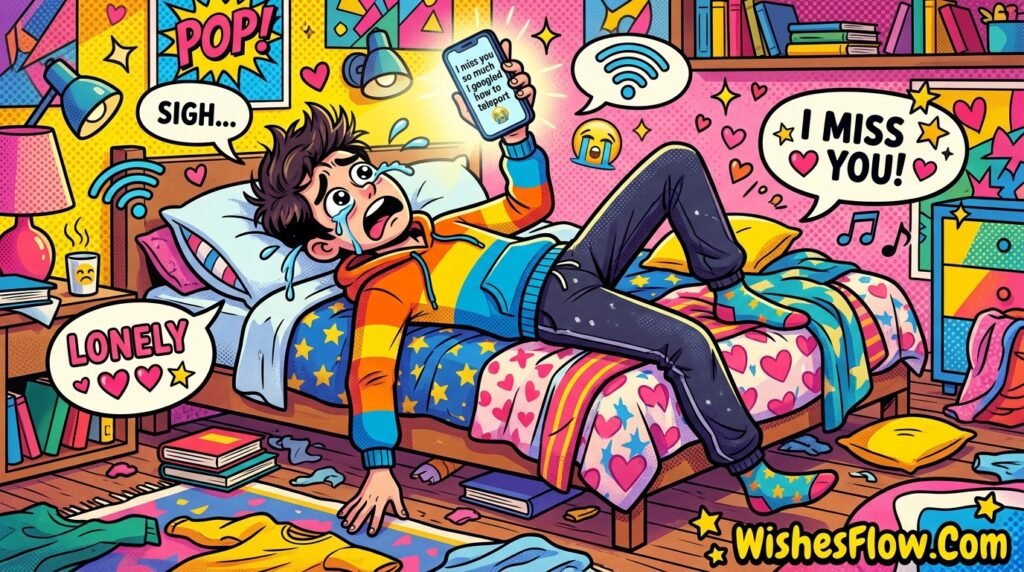 Funny illustration of man sending humorous LDR good night text missing his partner