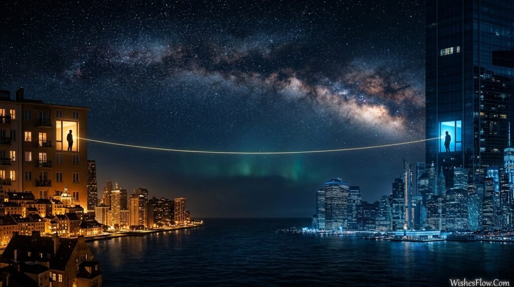 Two city skylines under starry sky connected by light representing LDR good night message bond