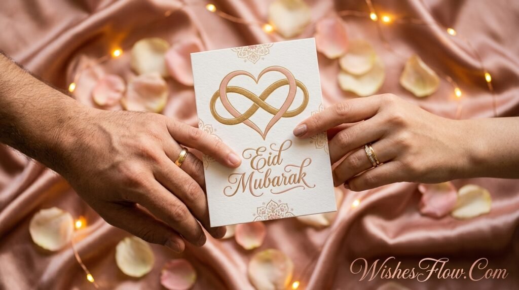 Married couple's hands holding romantic Eid ul-Adha greeting card with infinity heart design and rose petals