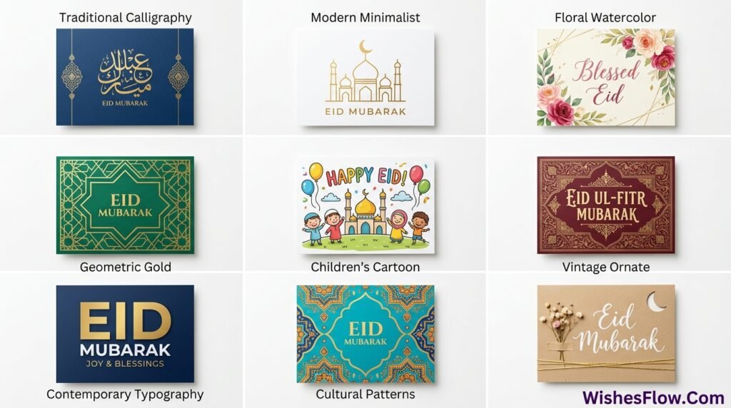 Grid display of nine different Eid greeting card design styles from traditional calligraphy to modern minimalist