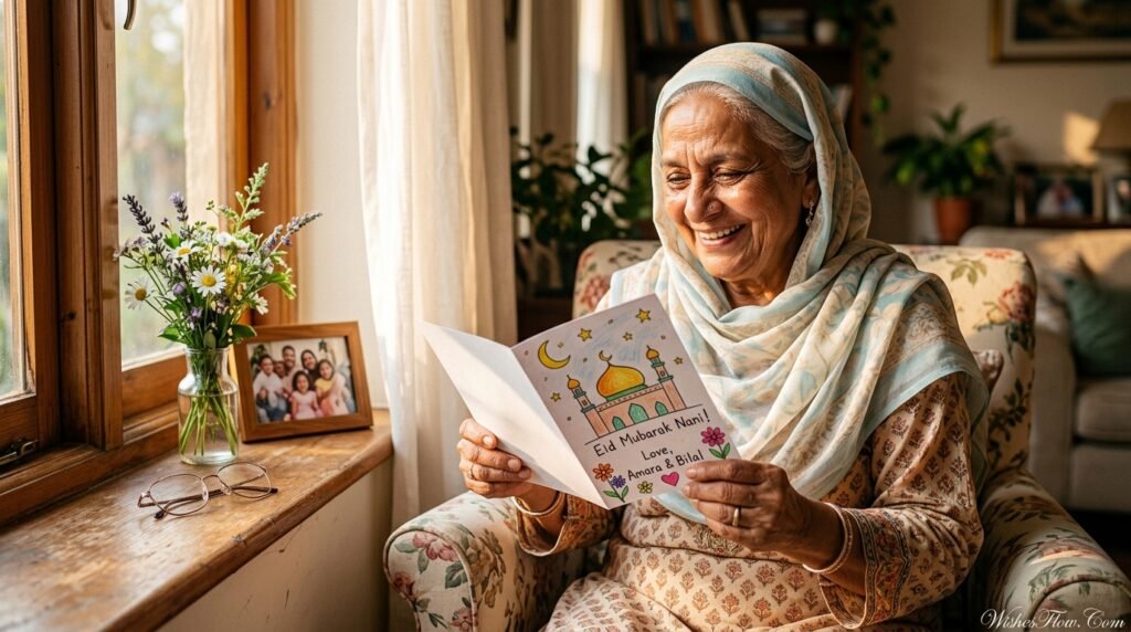 Elderly grandmother in hijab reading heartfelt Eid card from grandchildren by sunny window with emotional happy expression