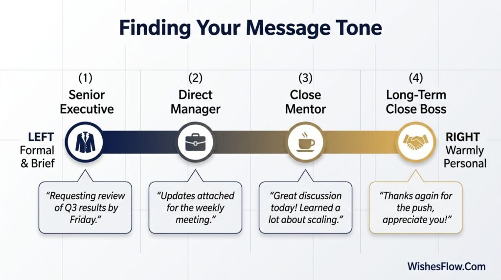 Diagram showing correct wedding message tone for different boss relationship levels