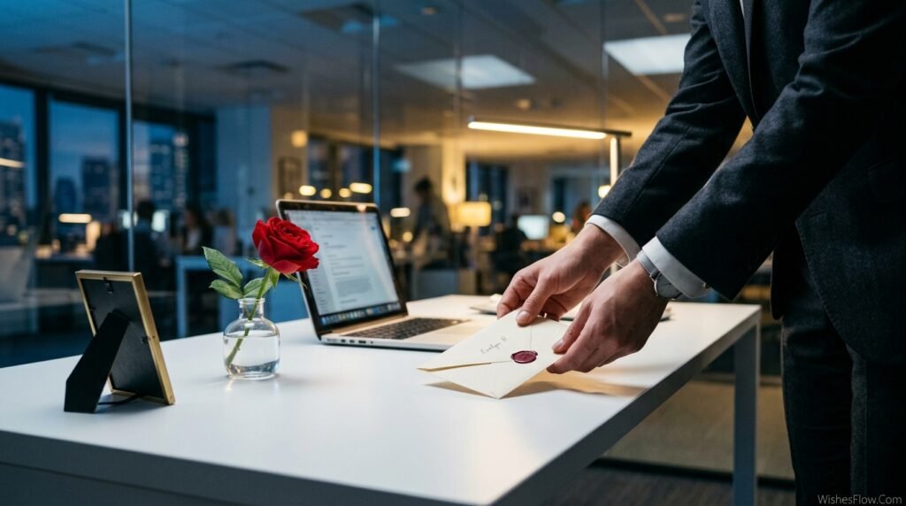 Professional employee placing congratulations card on manager's desk in modern office