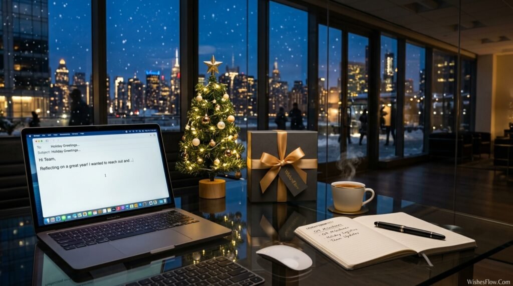 Professional office desk with Christmas decorations and open laptop for writing colleague Christmas wishes
