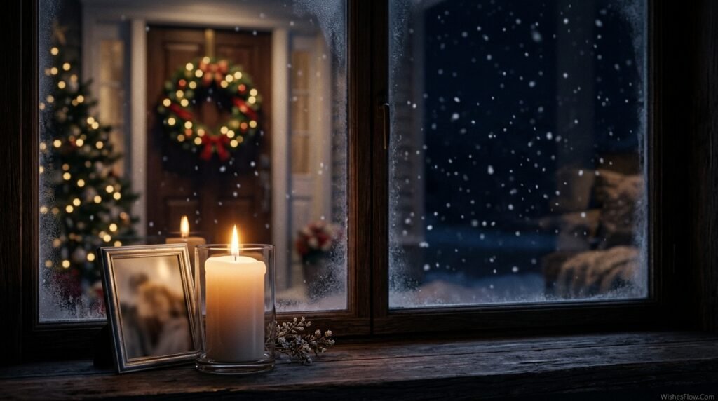 Single candle burning on windowsill with snow outside representing Christmas wishes during grief and difficult times