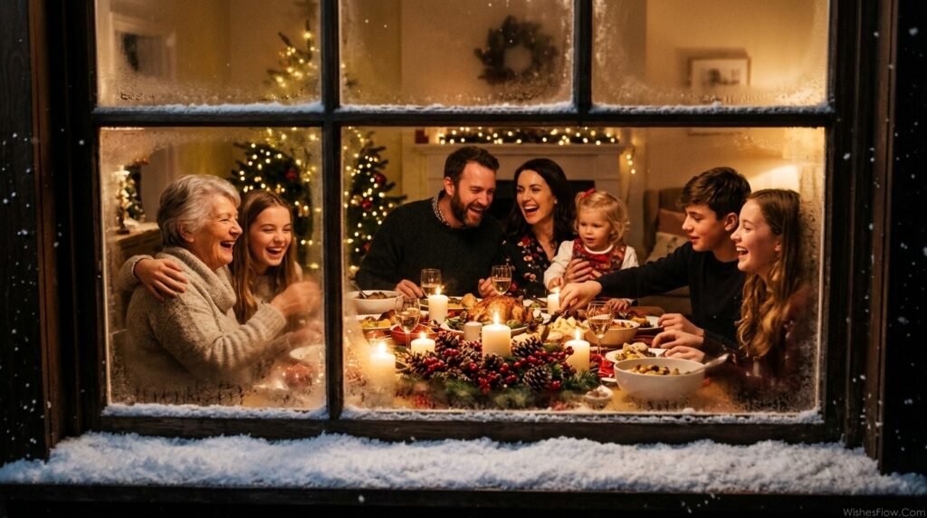 Multigenerational family gathered around Christmas dinner table laughing and celebrating together