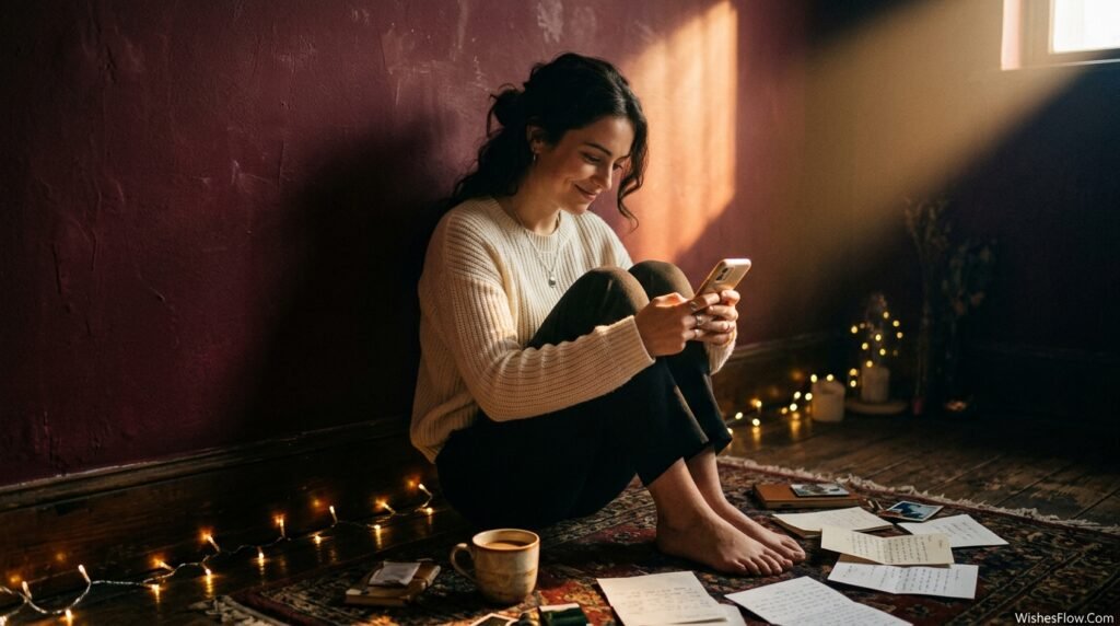 Woman reading emotional long distance missing you message on phone