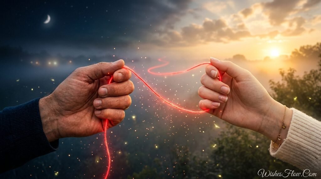 Two hands connected by a glowing thread across long distance