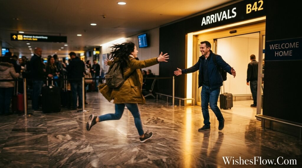 Couple reuniting at airport after long distance relationship
