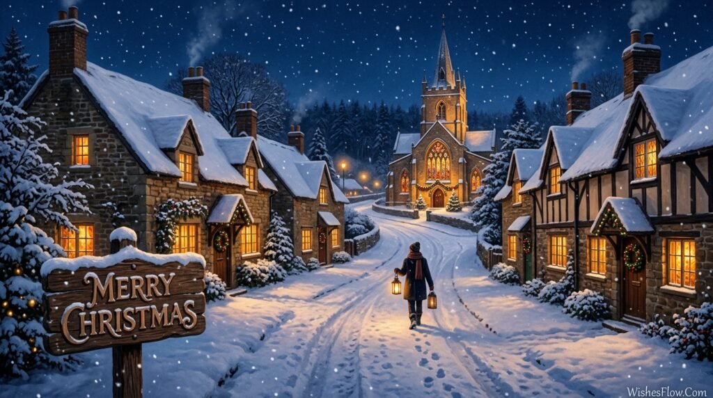 Peaceful snowy village street at night with warm glowing windows lantern figure and Merry Christmas signpost