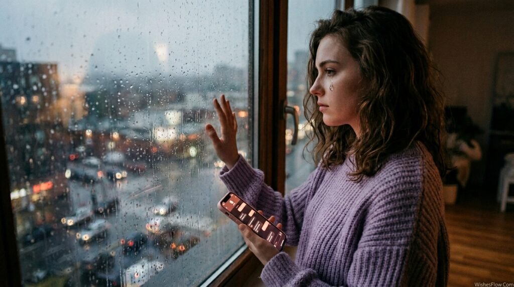 Woman standing at rainy window reading long distance missing you message