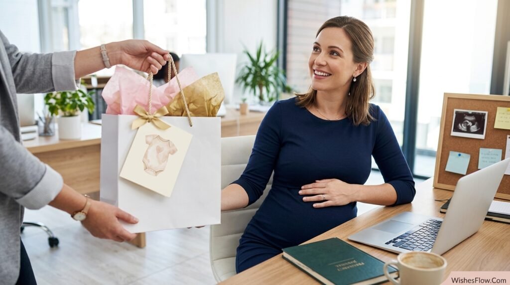 Classic warm pregnancy congratulations card and gift being given to expecting mother