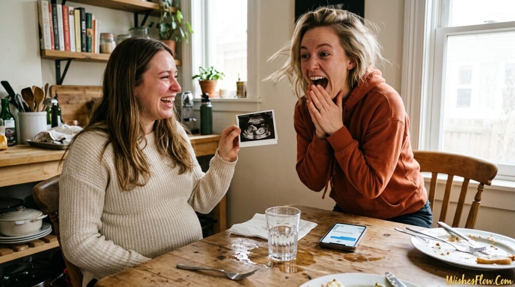 Excited genuine reaction to a pregnancy announcement from a close friend screaming with joy