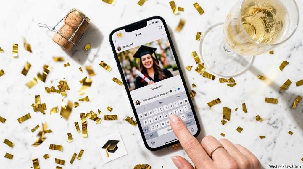 Quick congratulations graduation message typed as a social media caption on a phone