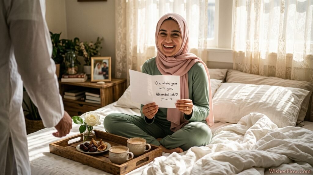 Wife surprising husband on first nikah anniversary morning with heartfelt card and breakfast