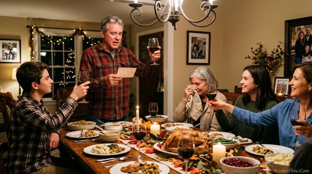 Family making a heartfelt Thanksgiving toast with genuine wishes shared around the dinner table